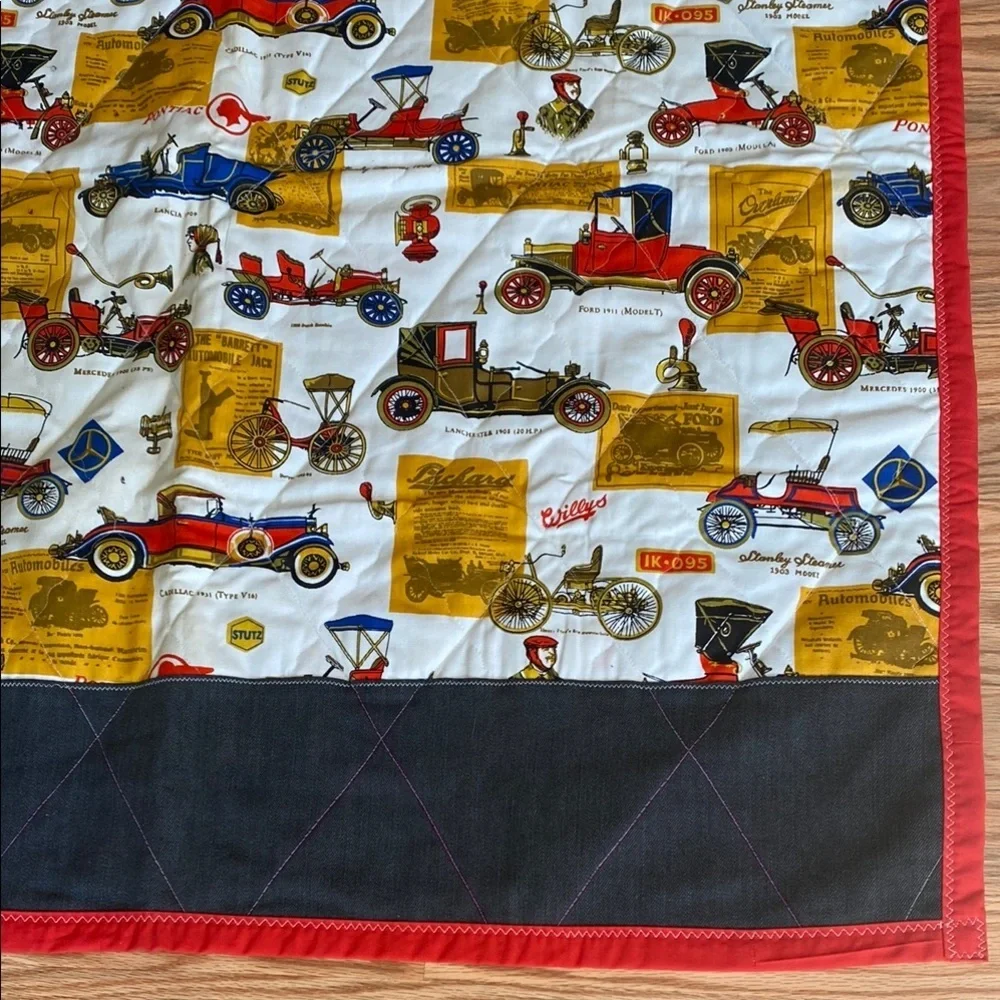 Vintage Car Print Quilt with Red and Black Border Cottagecore Retro Prairie